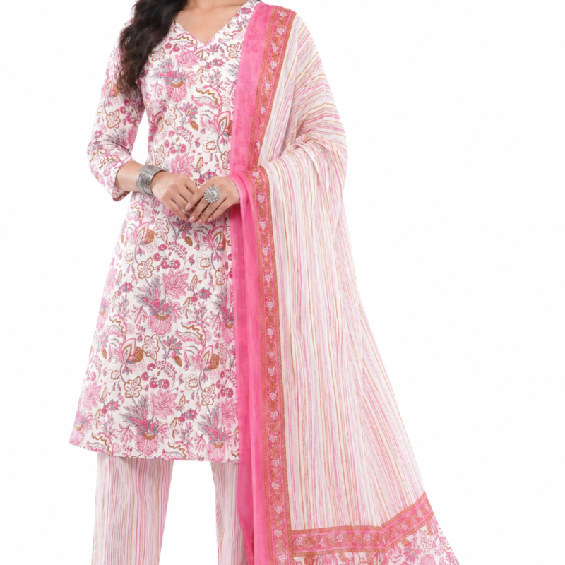 Women Cotton Pink Floral Printed Ethnic 3 Piece Kurta Pant Dupatta Set