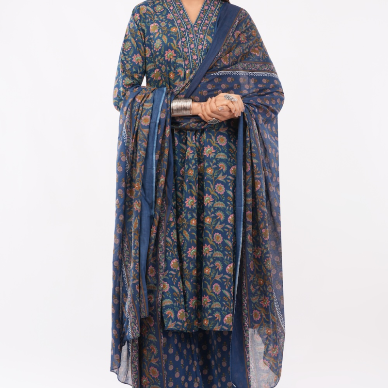 Women Cotton Ethnic Blue Printed Anarkali Style 3 Piece Kurti Palazzo Set With Dupatta