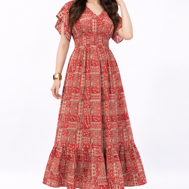Floral Cotton Antique Rust Long Maxi Dress with Smocked Waist & Ruffle Sleeves