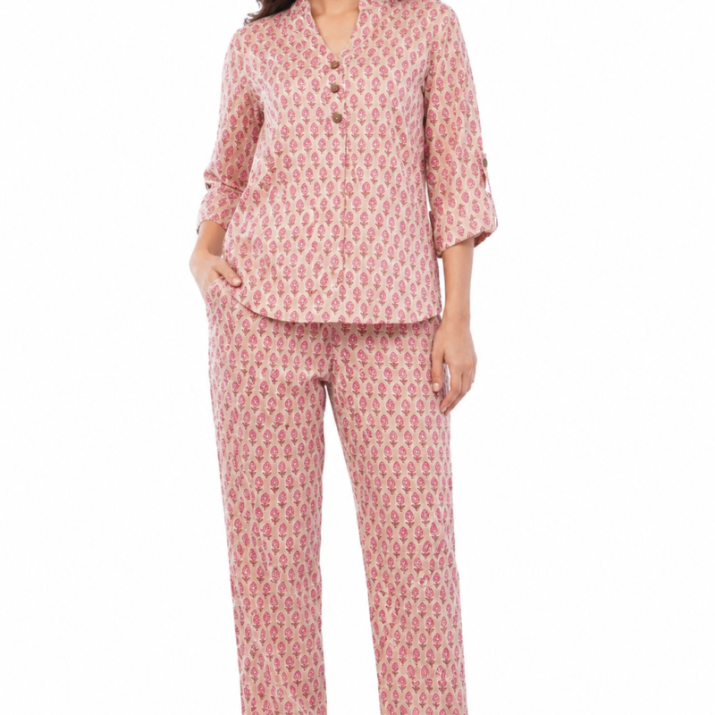 Pink Bagru Floral Printed Women Cotton 2 Piece Co-Ord Set
