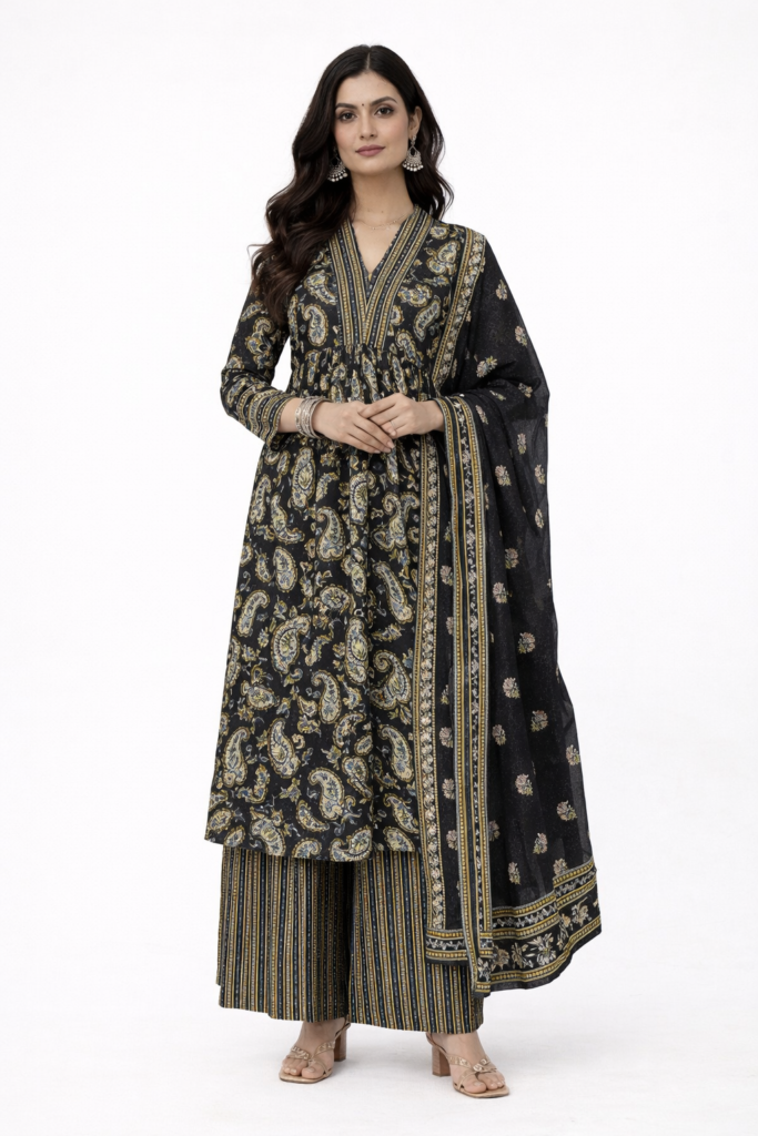 Black Paisley Women Cotton Palazzo Set