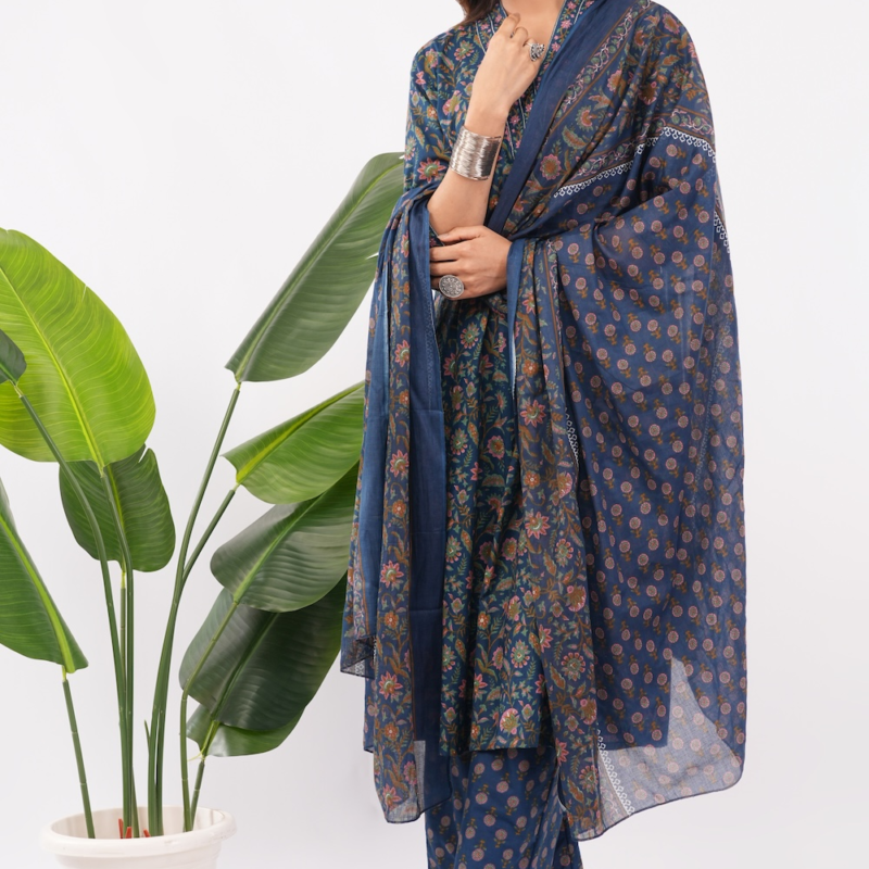 Blue Anarkali Dupatta Set