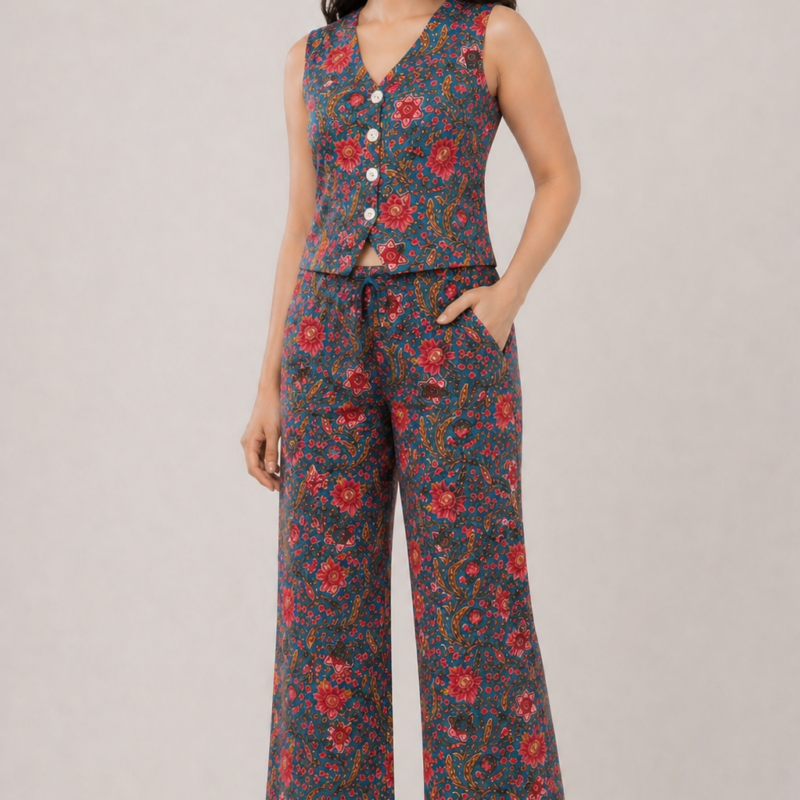 Cotton Teal Floral Sleeveless Top & Palazzo Summer Casual Co-Ord Set