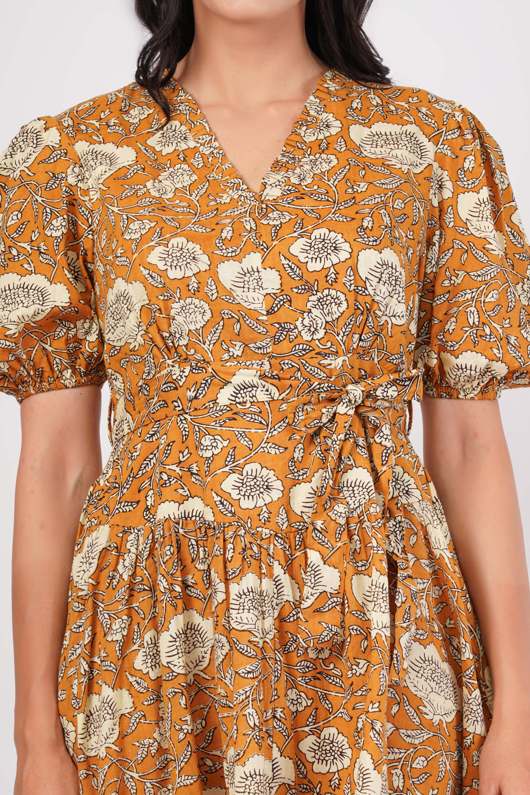 Sunpetal Bloom V-Neck Cotton Dress – Mustard Yellow Floral Midi 8 Sunpetal Bloom V-Neck Cotton Dress – Mustard Yellow Floral Midi - Image 8