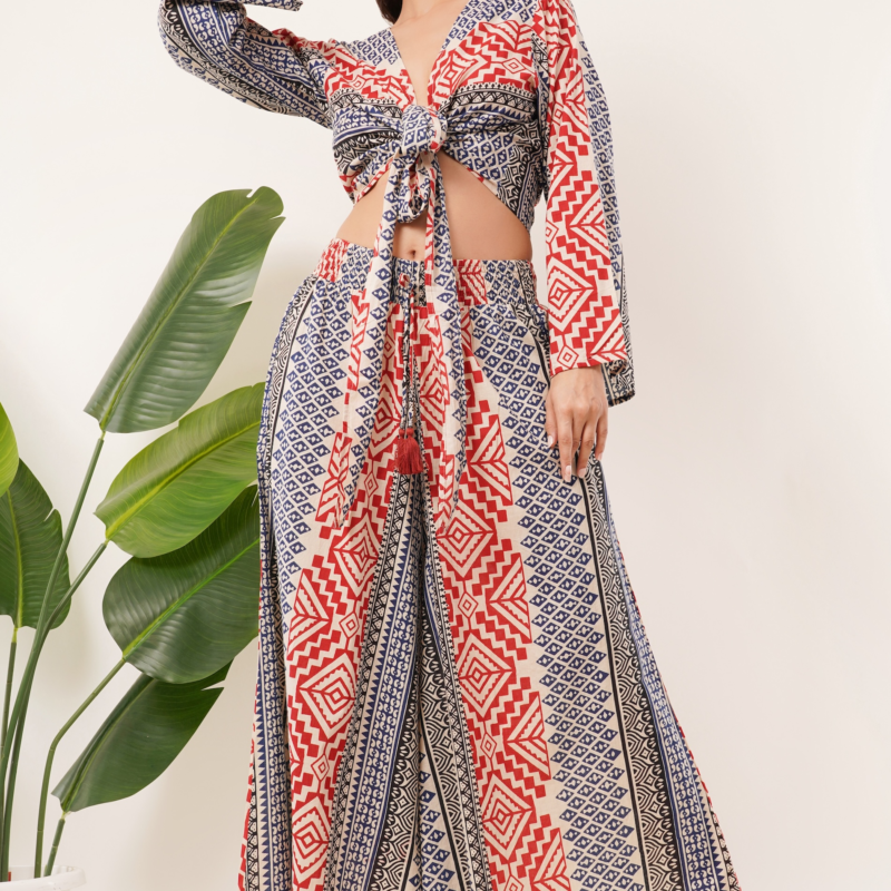 Cotton Rust Blue Printed Tie Top Plazzo 2 Piece Matching Co-Ord Set