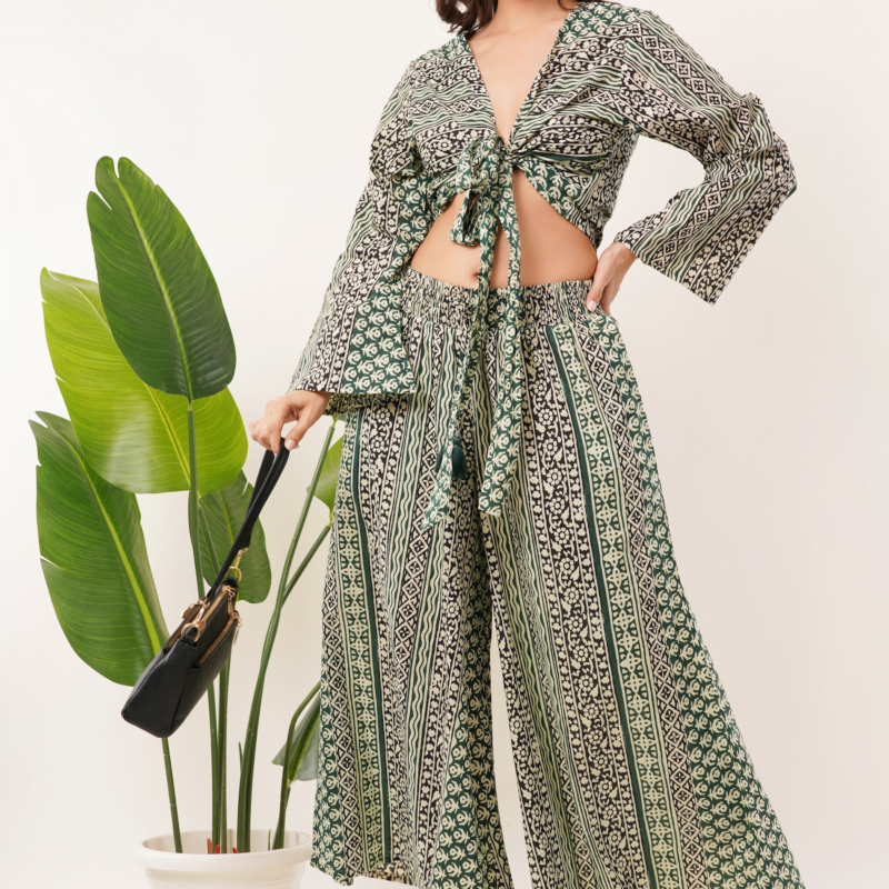 Cotton Olive Printed Tie Top Plazzo 2 Piece Matching Co-Ord Set
