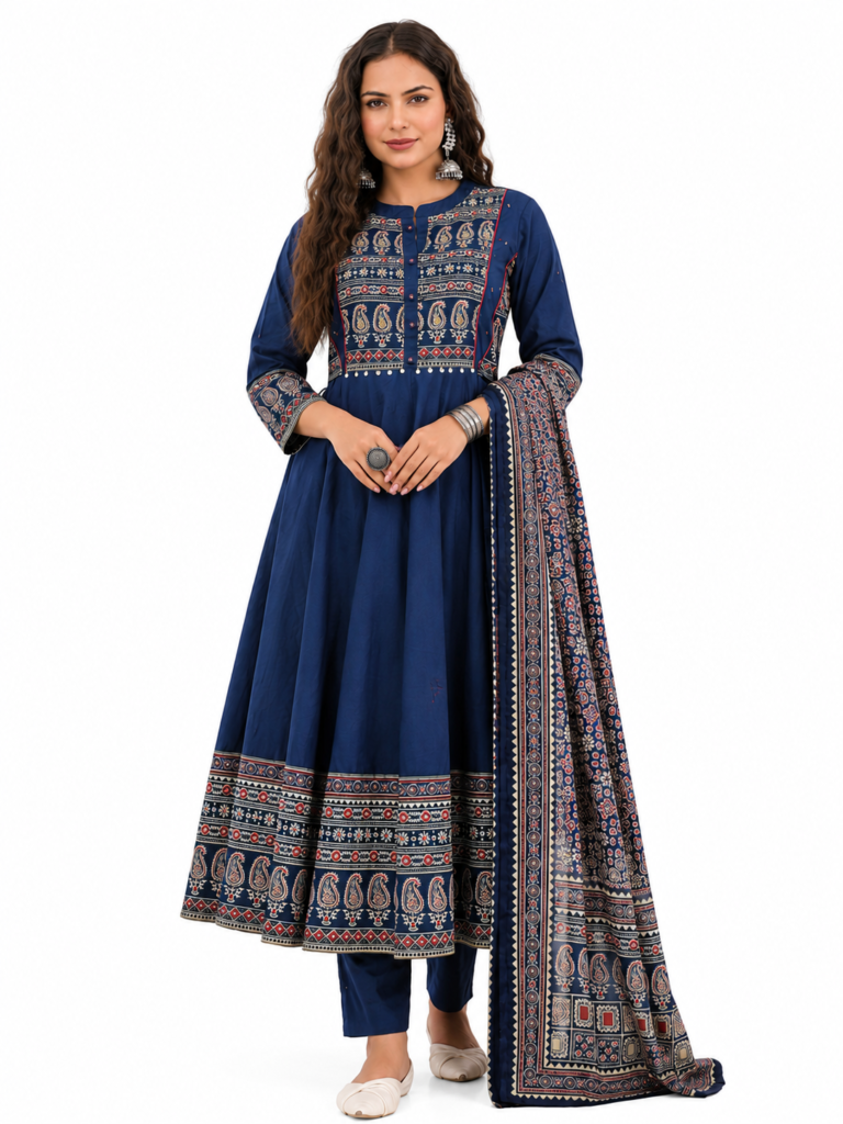Women Cotton Ajrakh Anarkali Suit Set