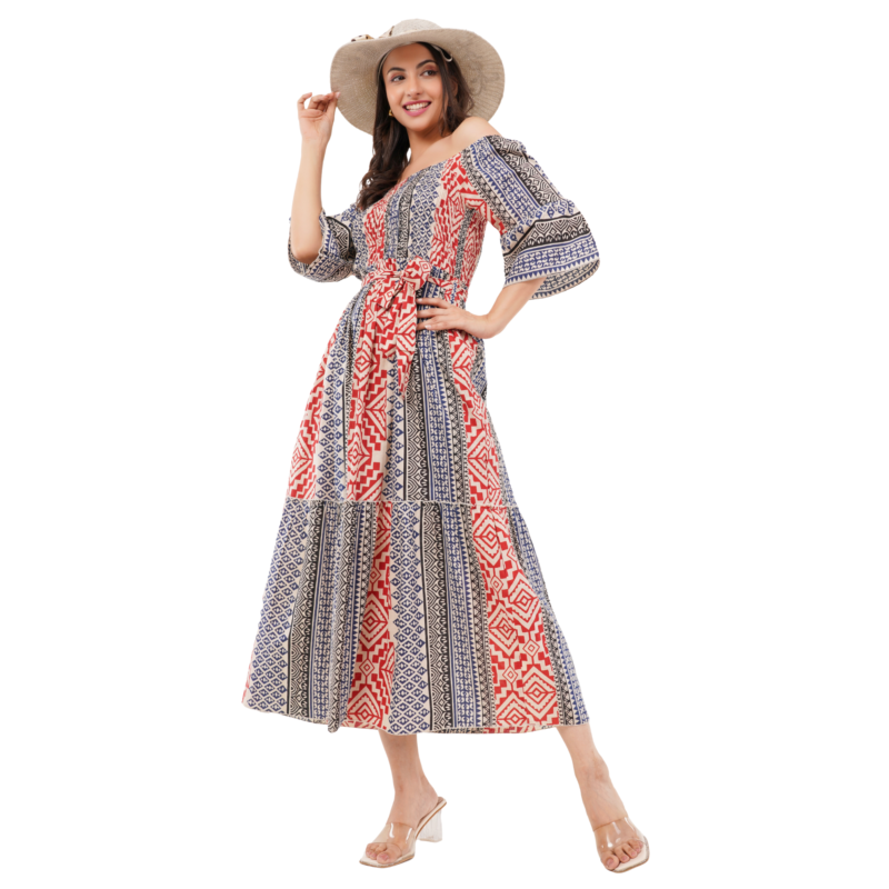 Cotton Rust Blue Women's Off Shoulder Cotton Maxi Dress