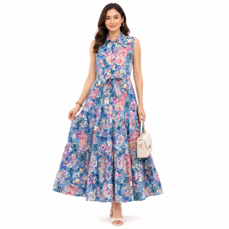 Gardenia Blue Cotton Floral Long Summer Tiered Shirt Maxi Dress