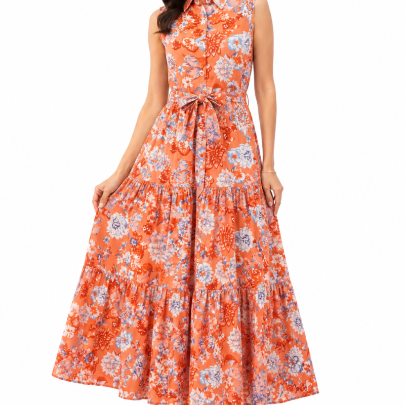 Gardenia Rust Cotton Floral Long Summer Tiered Shirt Maxi Dress