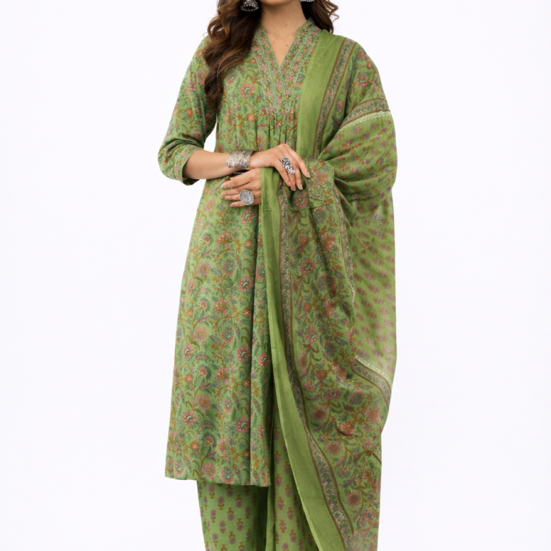Women Cotton Ethnic Green Printed Anarkali Style 3 Piece Kurti Palazzo Set With Dupatta