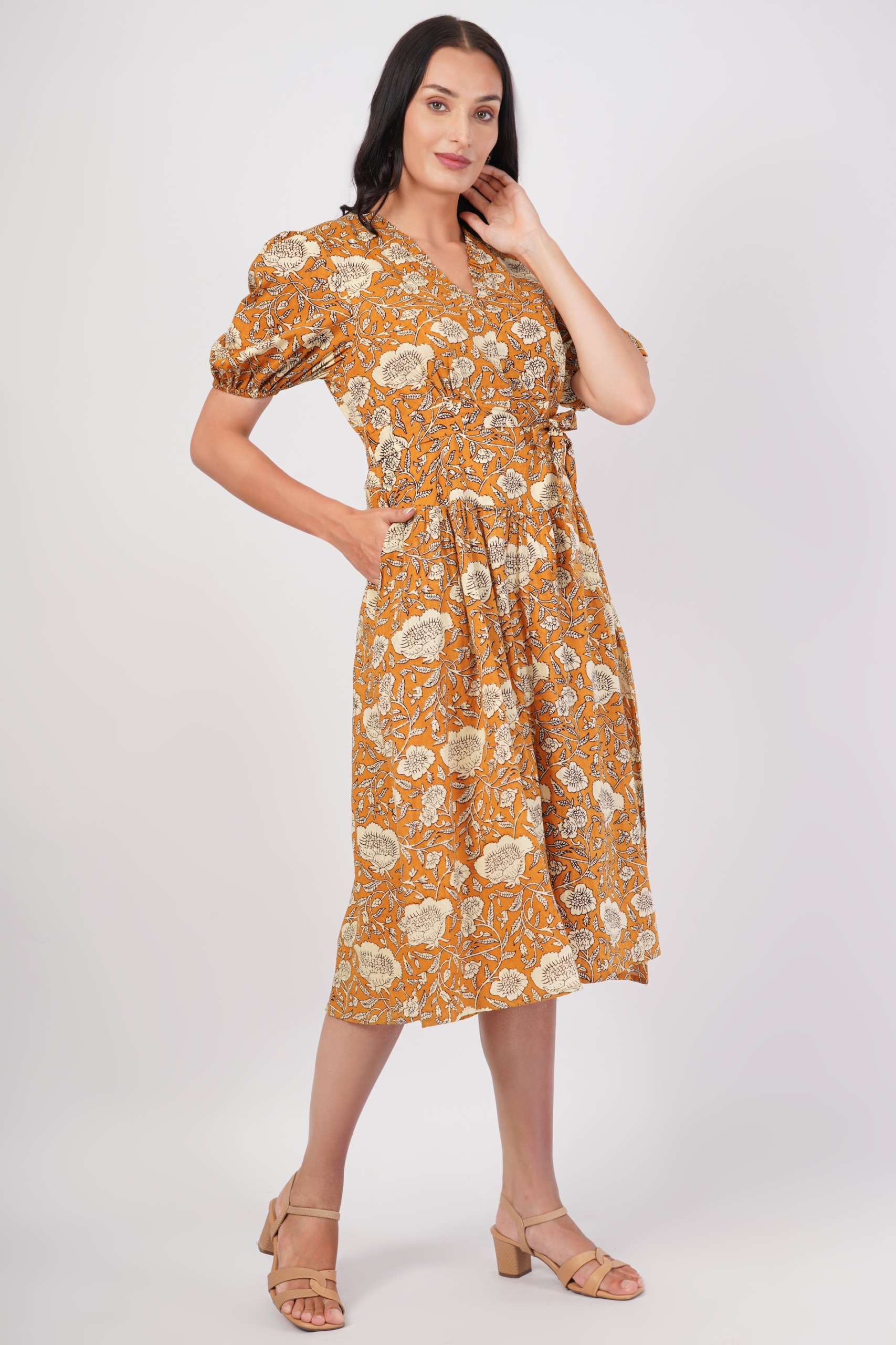 Sunpetal Bloom V-Neck Cotton Dress – Mustard Yellow Floral Midi 7 Sunpetal Bloom V-Neck Cotton Dress – Mustard Yellow Floral Midi - Image 7
