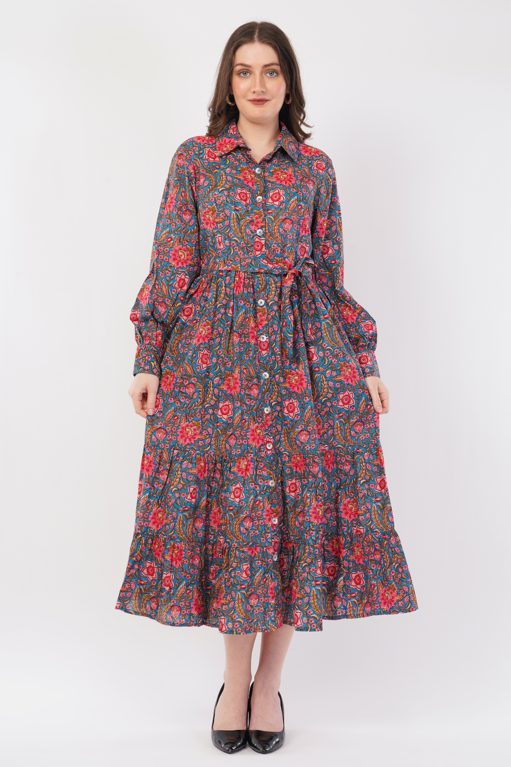 Hand Block Printed Teal Floral Garden Cotton Long Sleeve Dress - Image 3