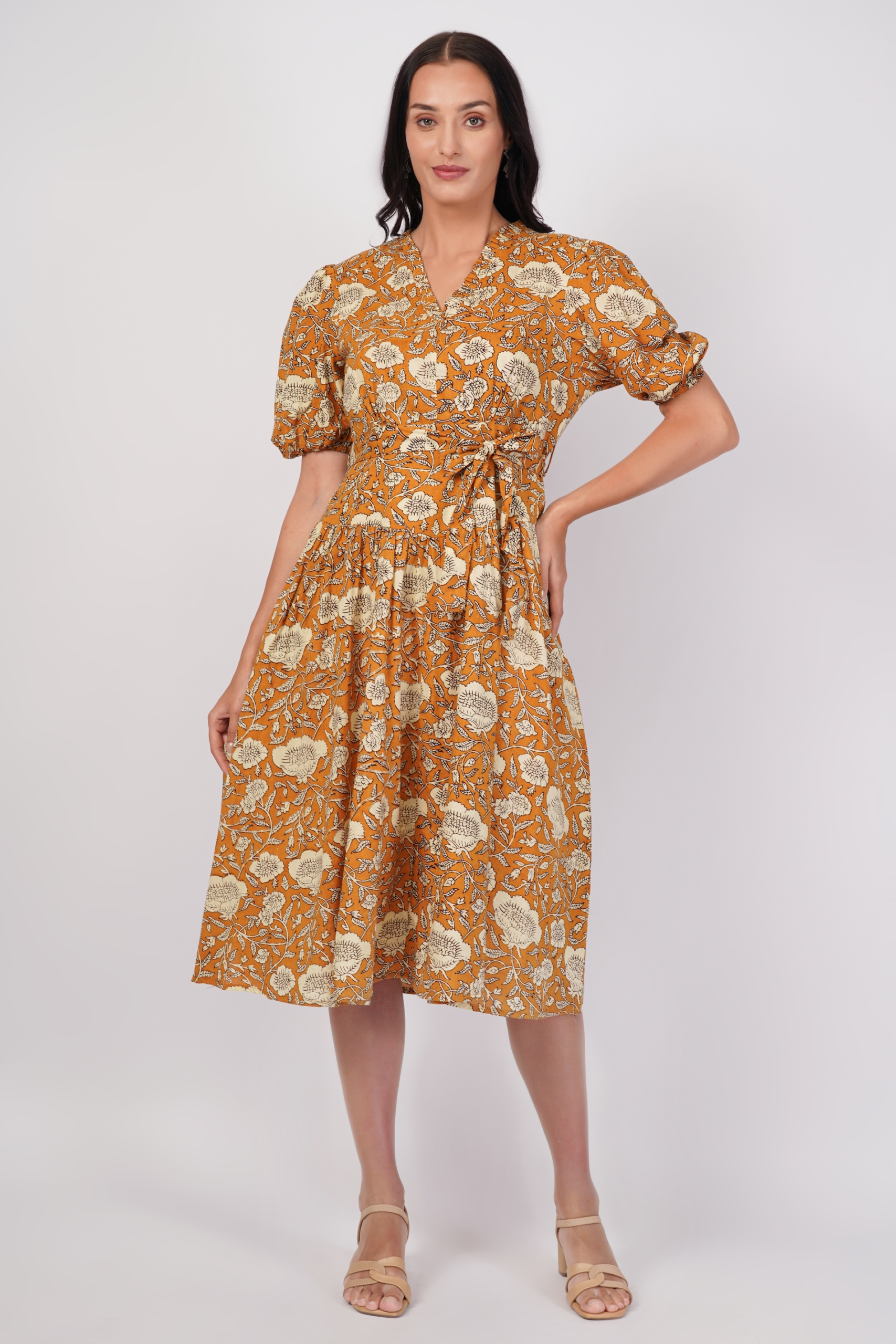Sunpetal Bloom V-Neck Cotton Dress – Mustard Yellow Floral Midi 6 Sunpetal Bloom V-Neck Cotton Dress – Mustard Yellow Floral Midi - Image 6