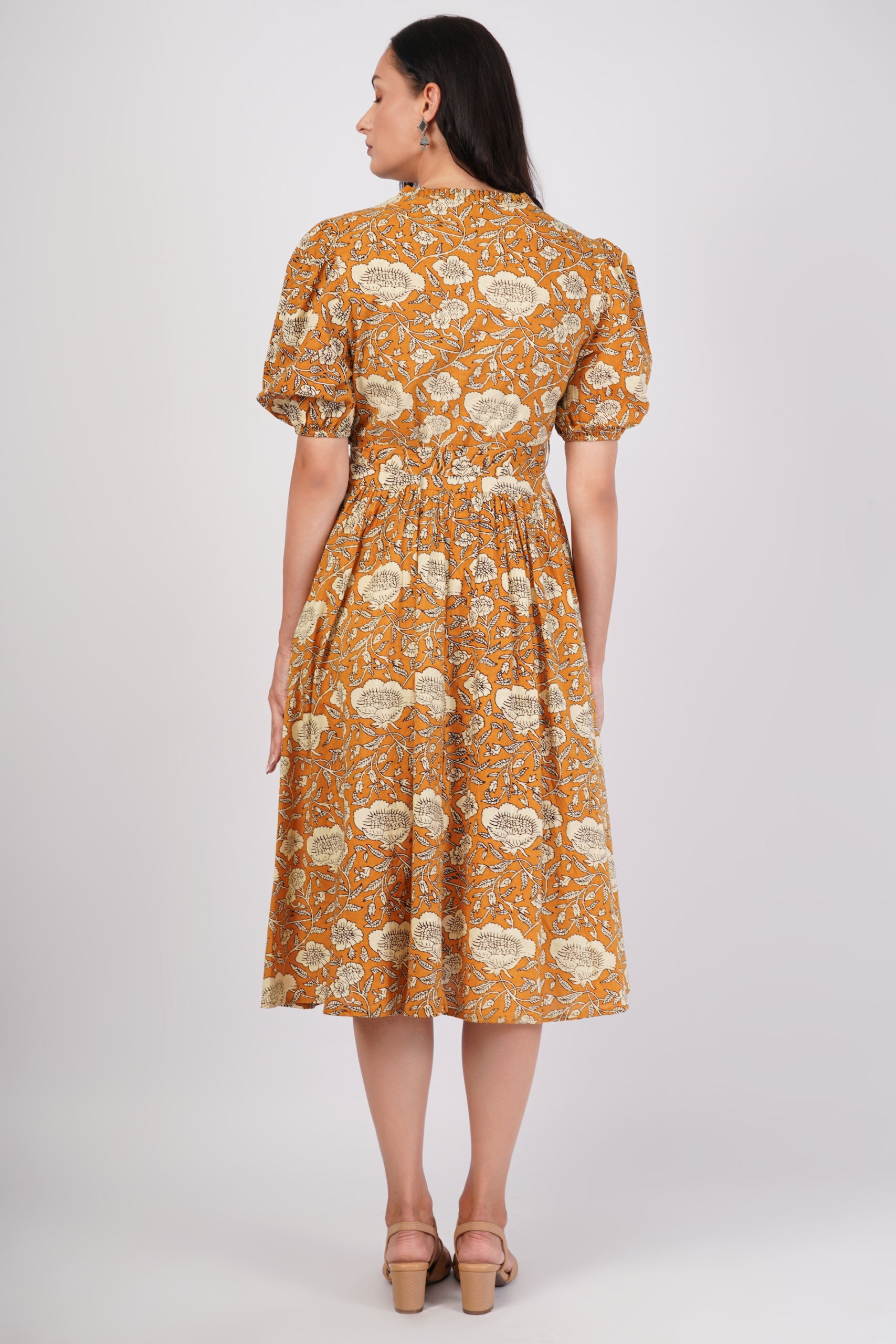Sunpetal Bloom V-Neck Cotton Dress – Mustard Yellow Floral Midi 5 Sunpetal Bloom V-Neck Cotton Dress – Mustard Yellow Floral Midi - Image 5
