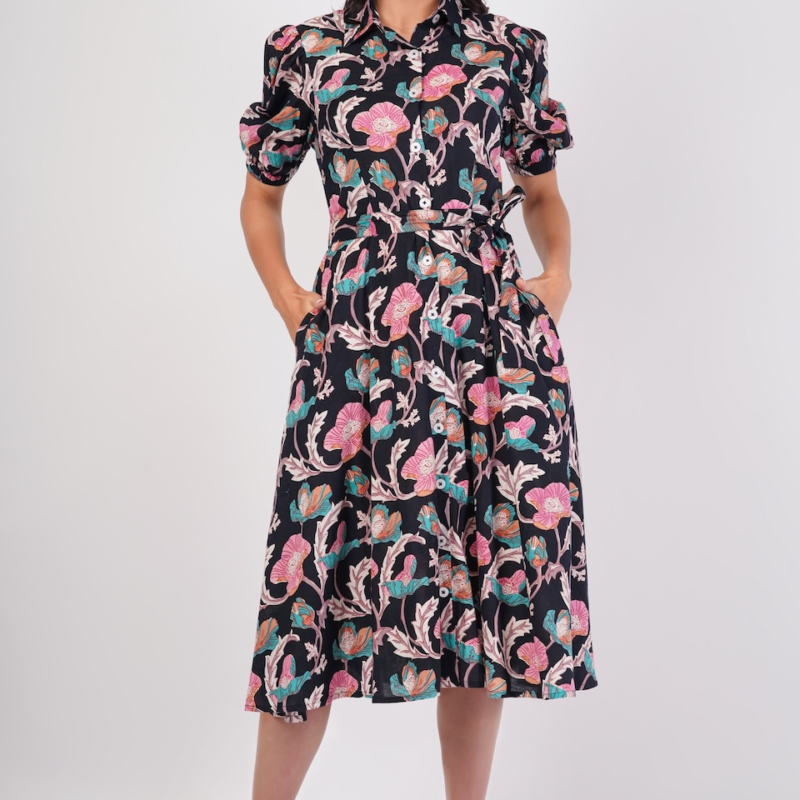 Midnight Love Short Sleeve Cotton Dress – Floral Elegance in Black