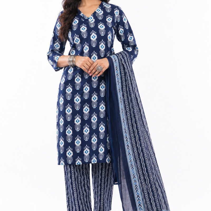 Women Cotton Indigo Blue Floral Printed Ethnic 3 Piece Kurta Pant Dupatta Set