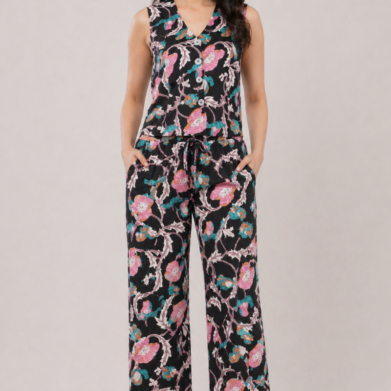 Cotton Midnight Floral Sleeveless Top & Palazzo Summer Casual Co-Ord Set