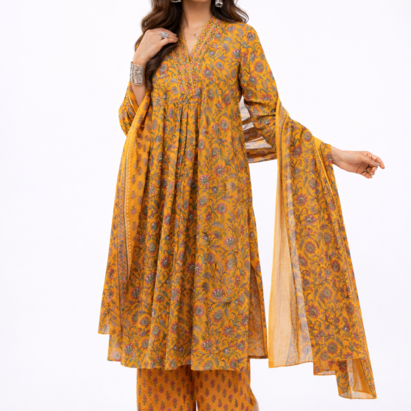 Women Cotton Ethnic Mustard Printed Anarkali Style 3 Piece Kurti Palazzo Set With Dupatta