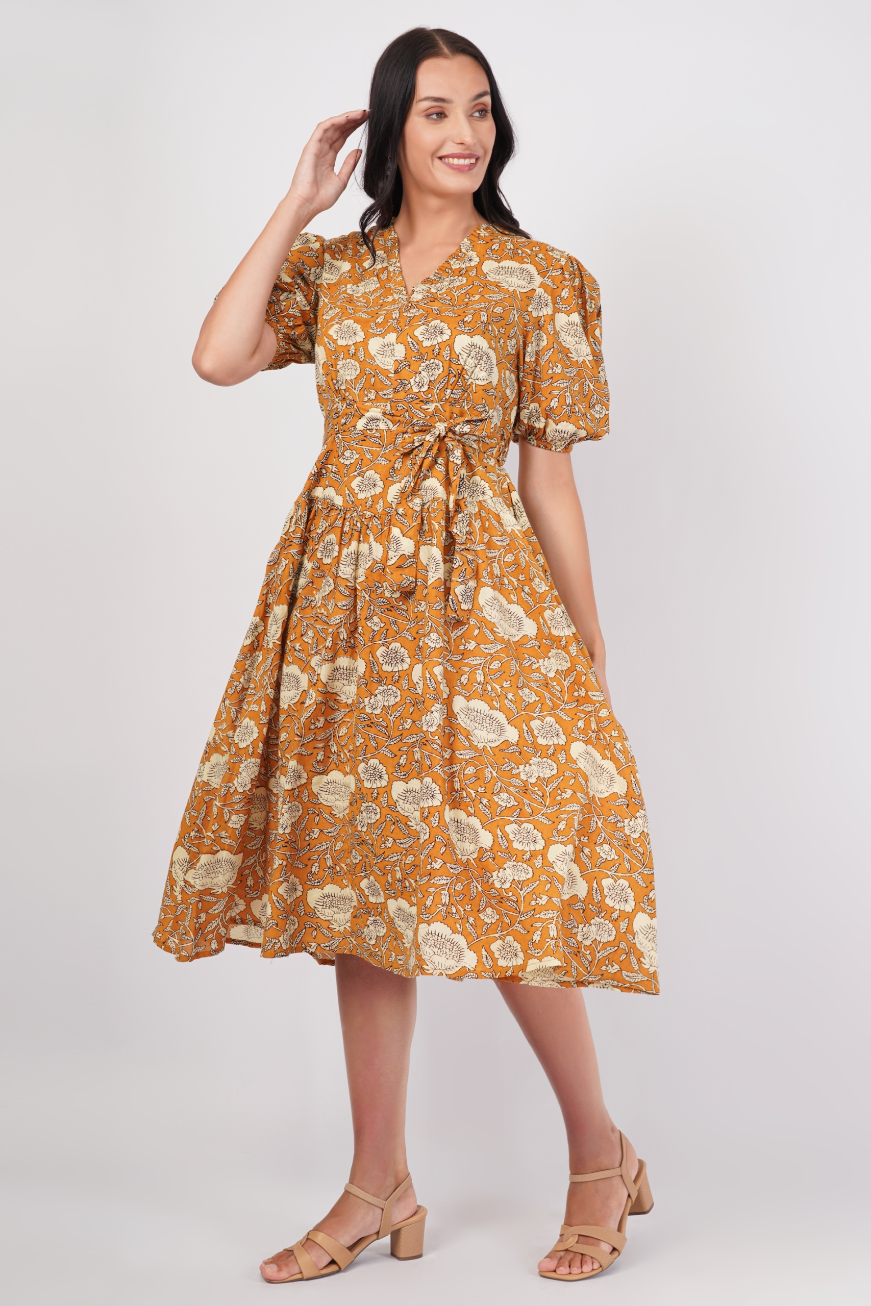 Sunpetal Bloom V-Neck Cotton Dress – Mustard Yellow Floral Midi 2 Sunpetal Bloom V-Neck Cotton Dress – Mustard Yellow Floral Midi - Image 2