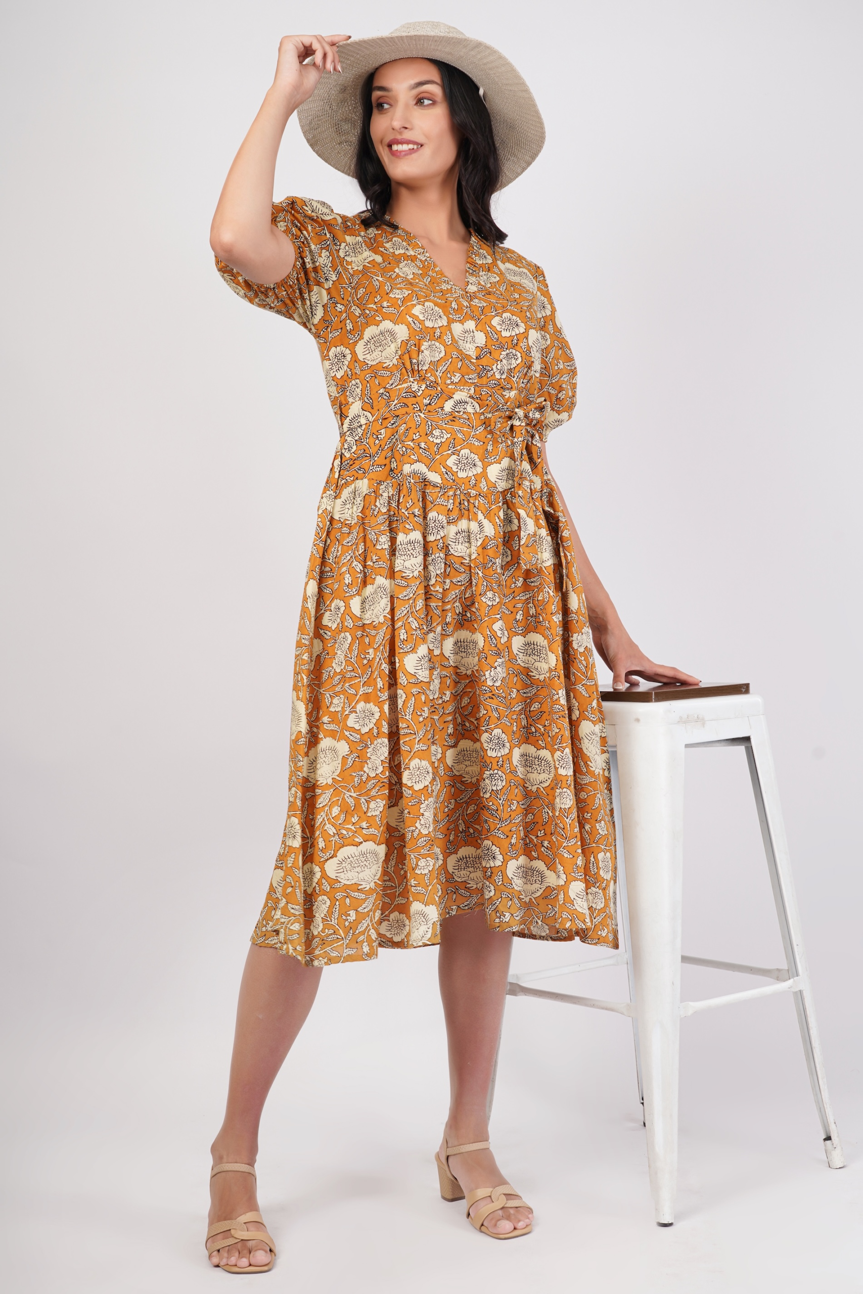 Sunpetal Bloom V-Neck Cotton Dress – Mustard Yellow Floral Midi 4 Sunpetal Bloom V-Neck Cotton Dress – Mustard Yellow Floral Midi - Image 4