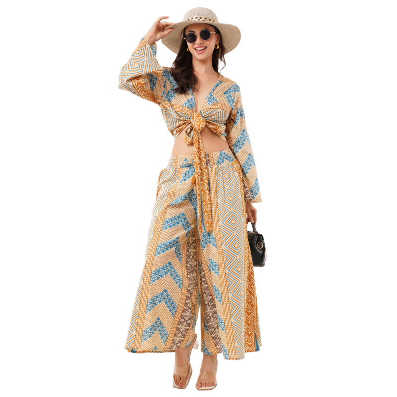 Cotton Mustard Printed Tie Top Plazzo 2 Piece Matching Co-Ord Set