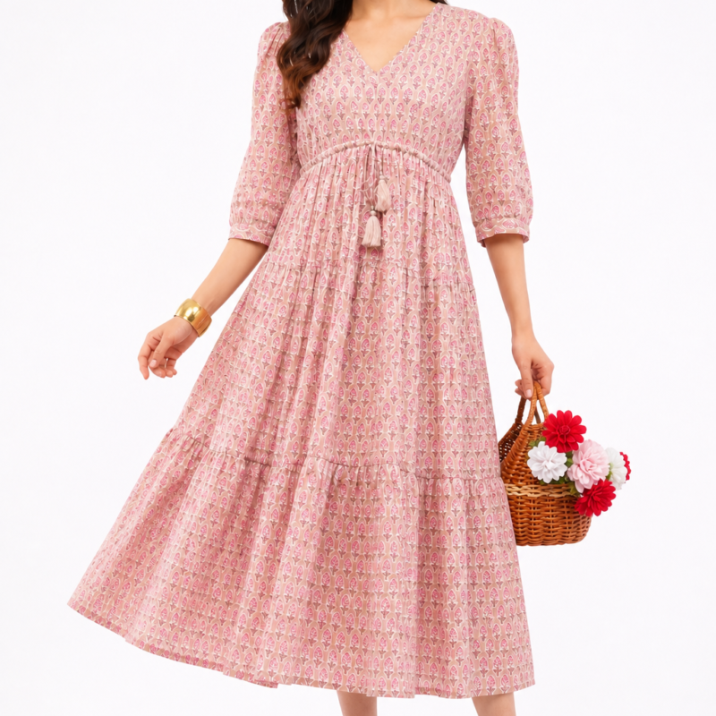 Pink Floral Gul Booti Cotton Midi Tiered Maxi Dress for Women