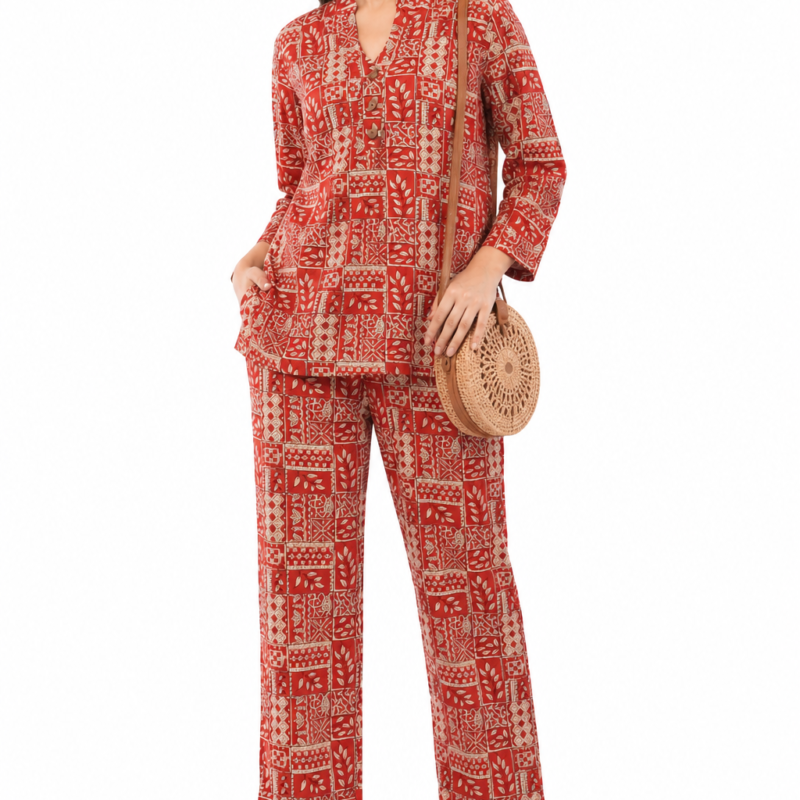 Antique Rust Floral Printed Women 2 Piece Cotton Co-Ord Set