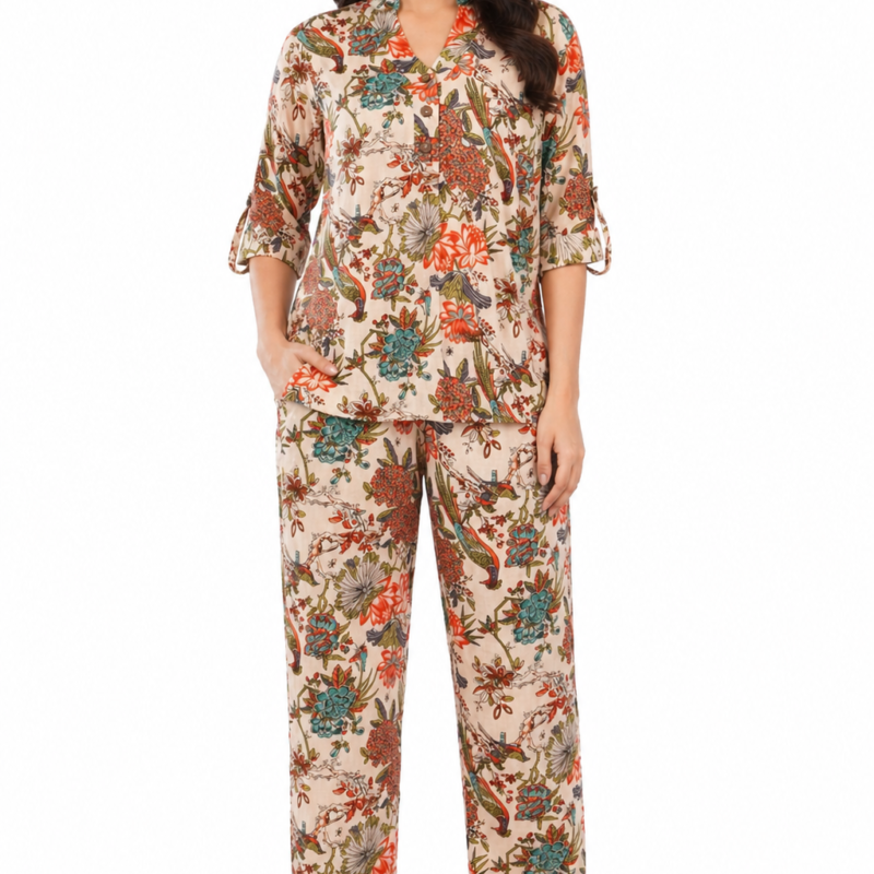 Tropical Beige Floral Printed Women Cotton 2 Piece Co-Ord Set