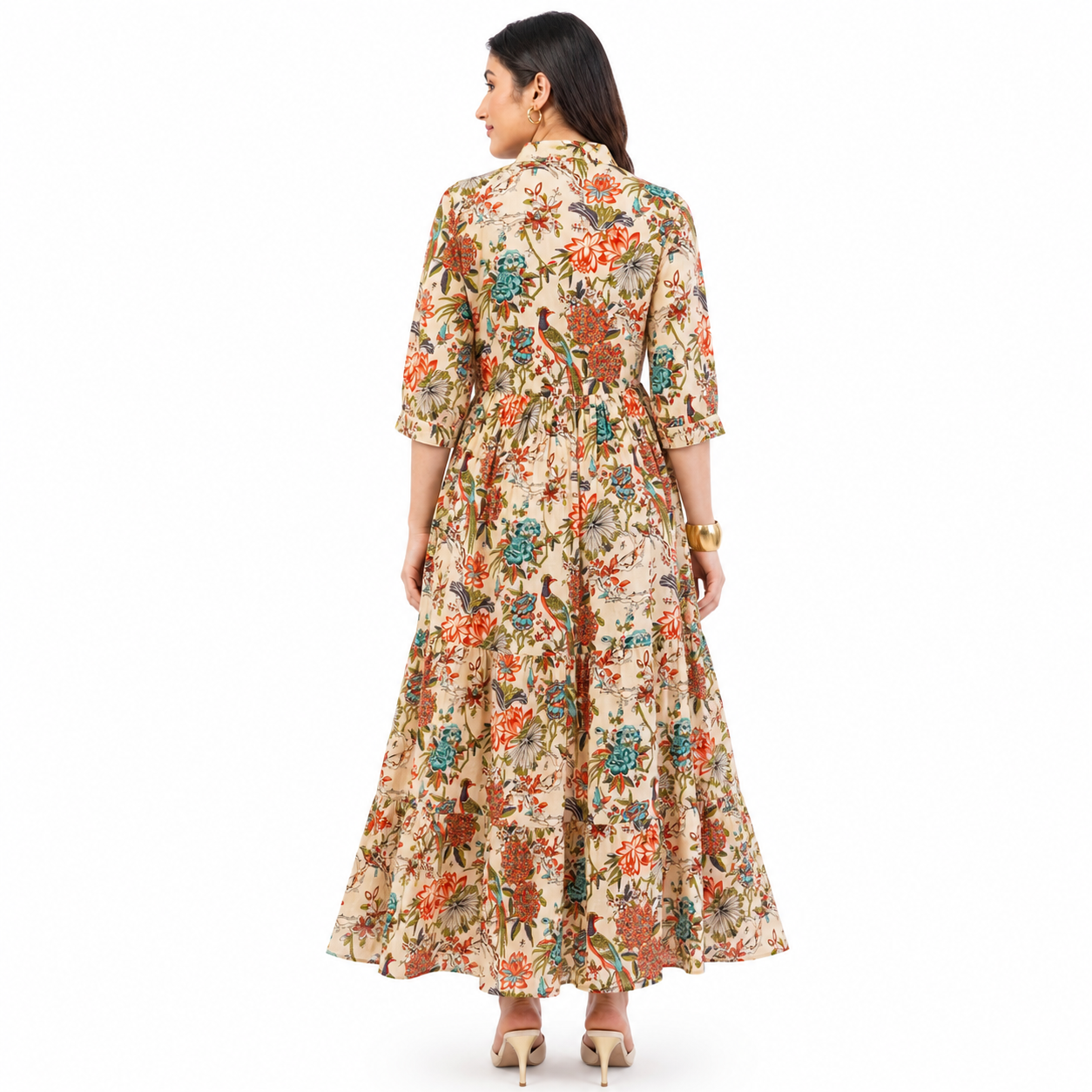 Women Cotton Tropical Floral Printed Tiered V Neck Long Dress 4 Women Cotton Tropical Floral Printed Tiered V Neck Long Dress - Image 4