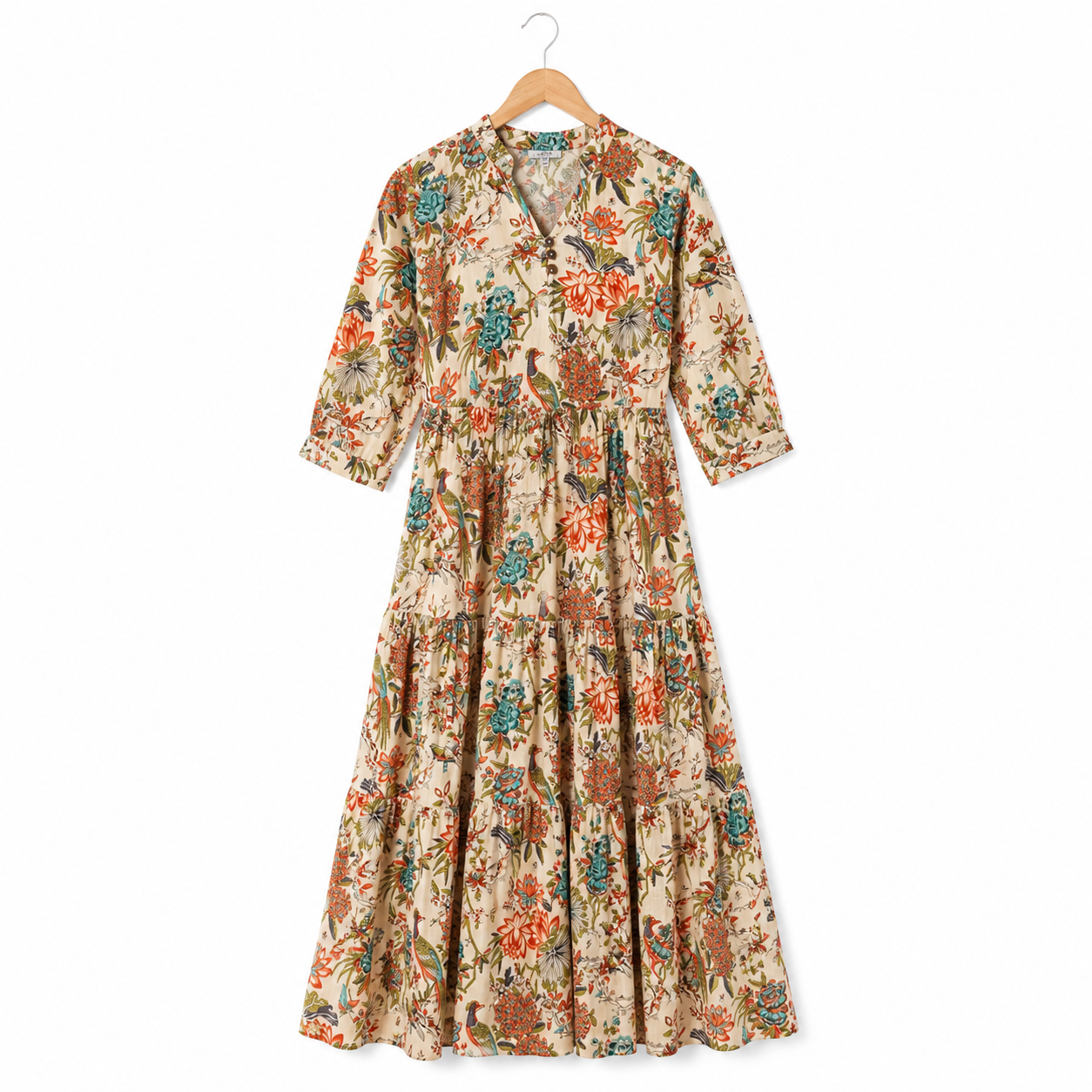 Women Cotton Tropical Floral Printed Tiered V Neck Long Dress 3 Women Cotton Tropical Floral Printed Tiered V Neck Long Dress - Image 3