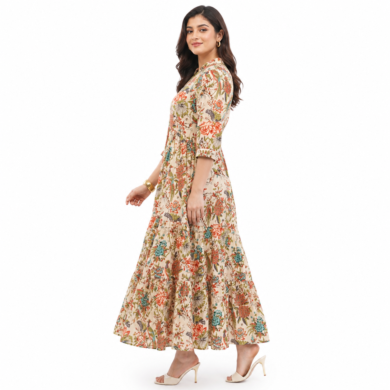 Women Cotton Tropical Floral Printed Tiered V Neck Long Dress 2 Women Cotton Tropical Floral Printed Tiered V Neck Long Dress - Image 2