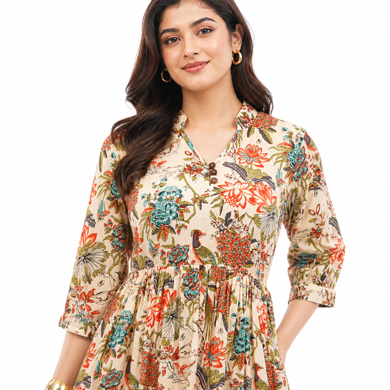 Women Cotton Tropical Floral Printed Tiered V Neck Long Dress 6 Women Cotton Tropical Floral Printed Tiered V Neck Long Dress - Image 6