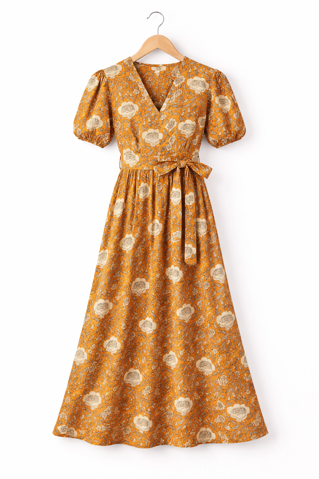 Sunpetal Bloom V-Neck Cotton Dress – Mustard Yellow Floral Midi 3 Sunpetal Bloom V-Neck Cotton Dress – Mustard Yellow Floral Midi - Image 3