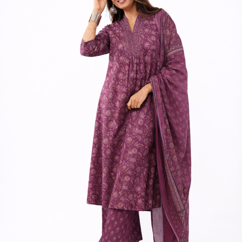 Women Cotton Ethnic Wine Printed Anarkali Style 3 Piece Kurti Palazzo Set With Dupatta