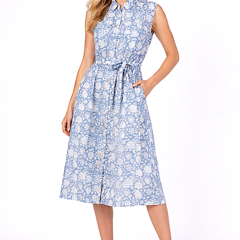 Blue Bell Sleeveless Long Cotton Front Pocket Dress With Belt