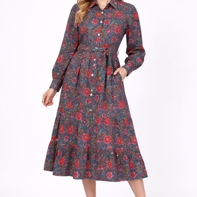 Hand Block Printed Teal Floral Garden Cotton Long Sleeve Dress