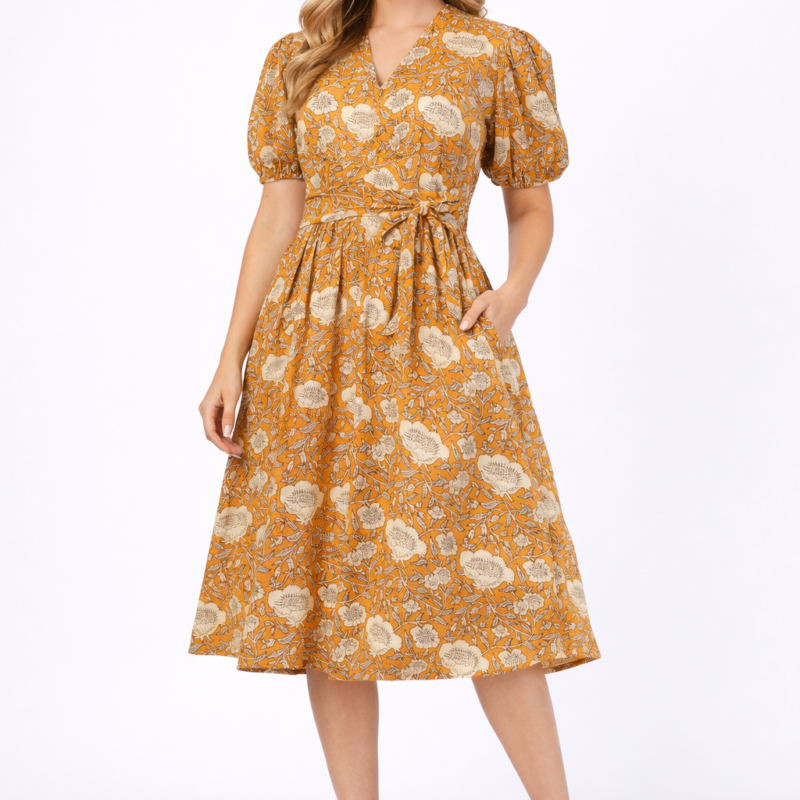Sunpetal Bloom V-Neck Cotton Dress – Mustard Yellow Floral Midi