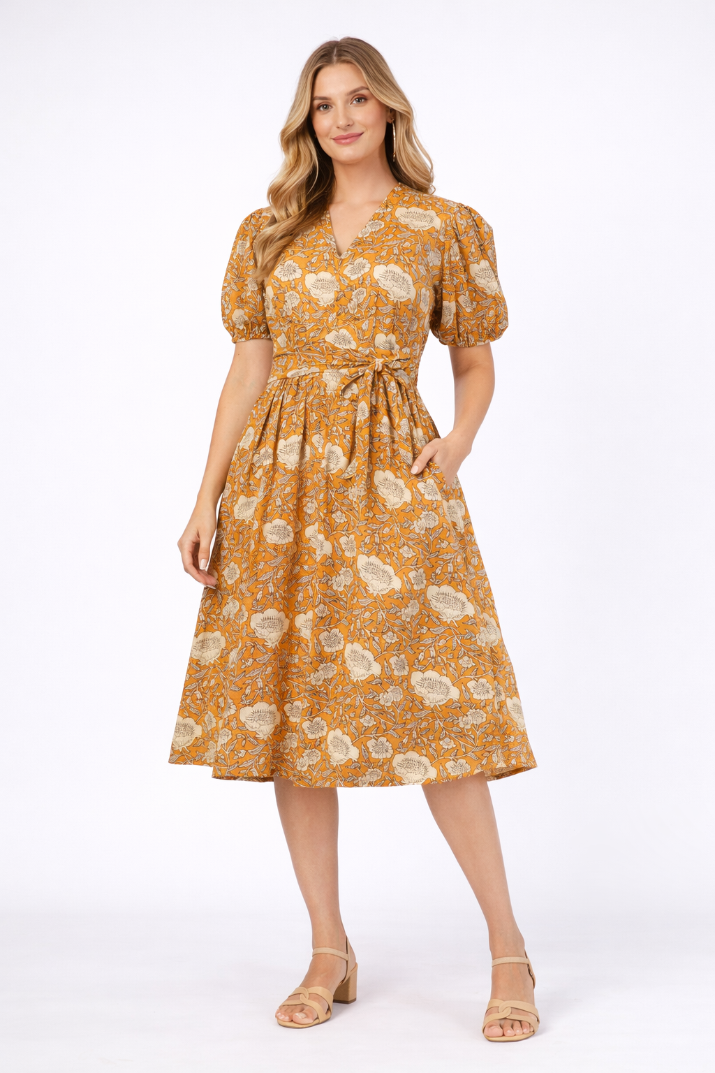Sunpetal Bloom V-Neck Cotton Dress – Mustard Yellow Floral Midi 1 Sunpetal Bloom V-Neck Cotton Dress – Mustard Yellow Floral Midi