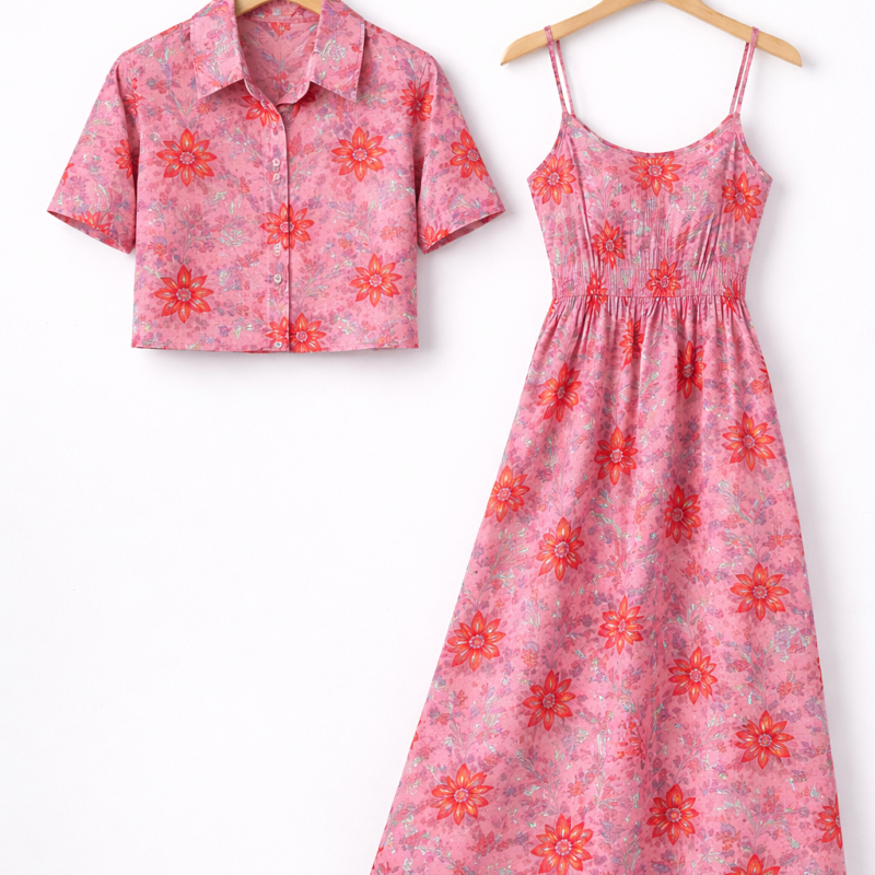 Vintage Rose Pink Floral Printed Long Cotton Dress Set