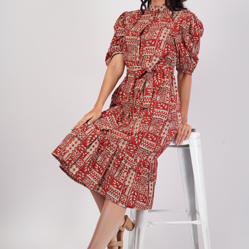 Rust Riwaayat Long Cotton Traditional Hand Block Printed Tiered Dress