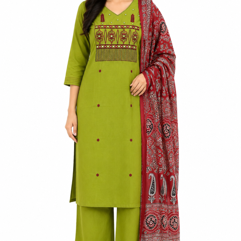 Cotton Green Embroidered Kurta Palazzo Ajrakh Dupatta Set With Mirror Work