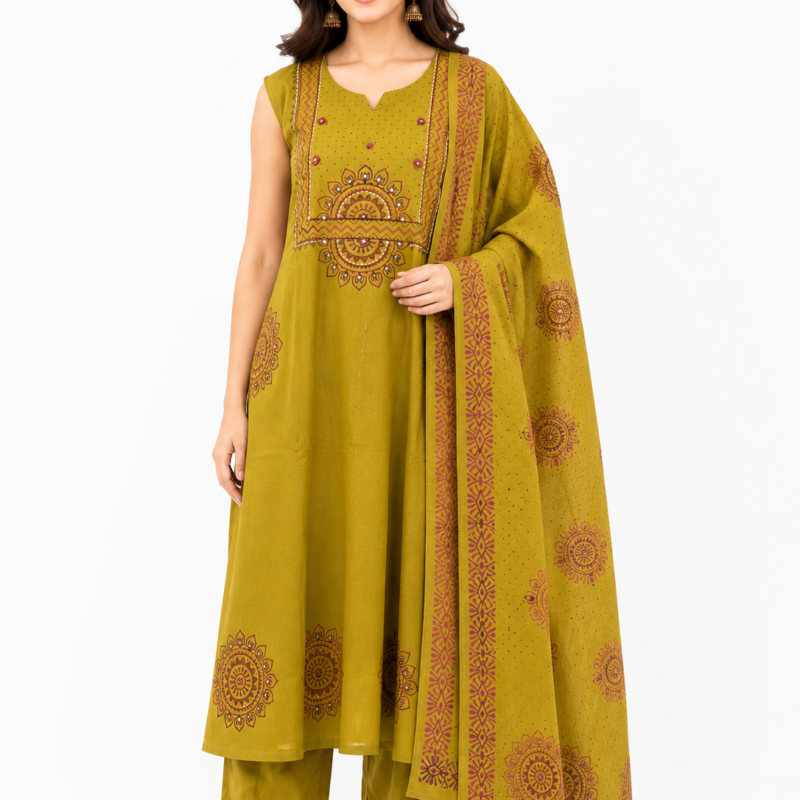 Dhabu Cotton Anamika Hand Block Mustard 3 Piece Kurta Set with Mirror Work