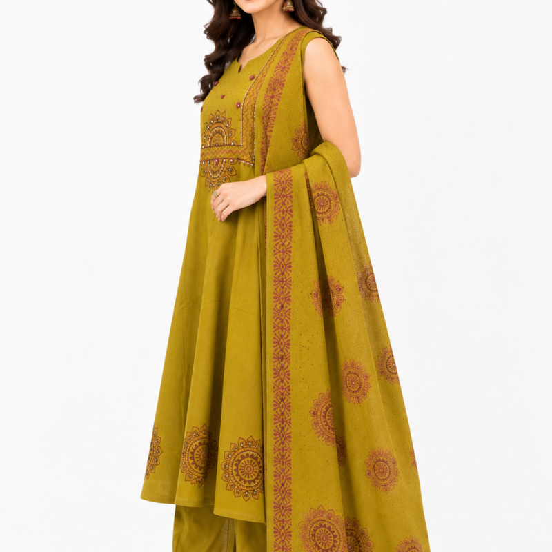 Anamika Mustard 3 Piece Kurta Set with Dupatta Hand Block Print for casual partywear