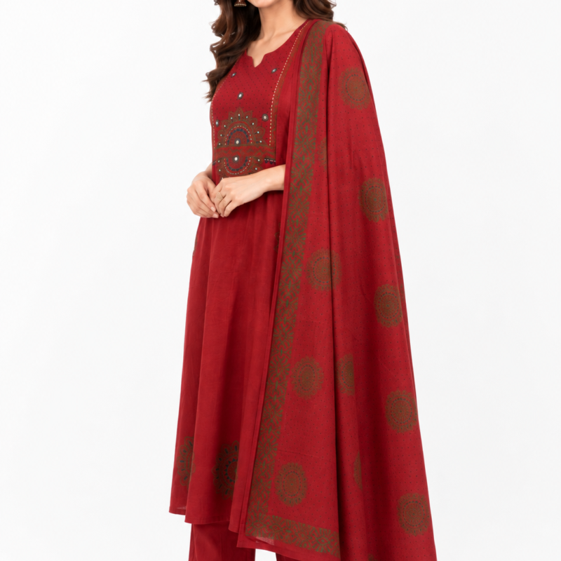 Cotton 3 Piece Suit Set Hand Block Print Kurti Palazzo Printed Dupatta Set