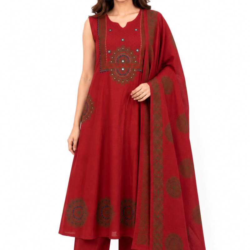 Dhabu Cotton Anamika Hand Block Red 3 Piece Kurta Set with Mirror Work