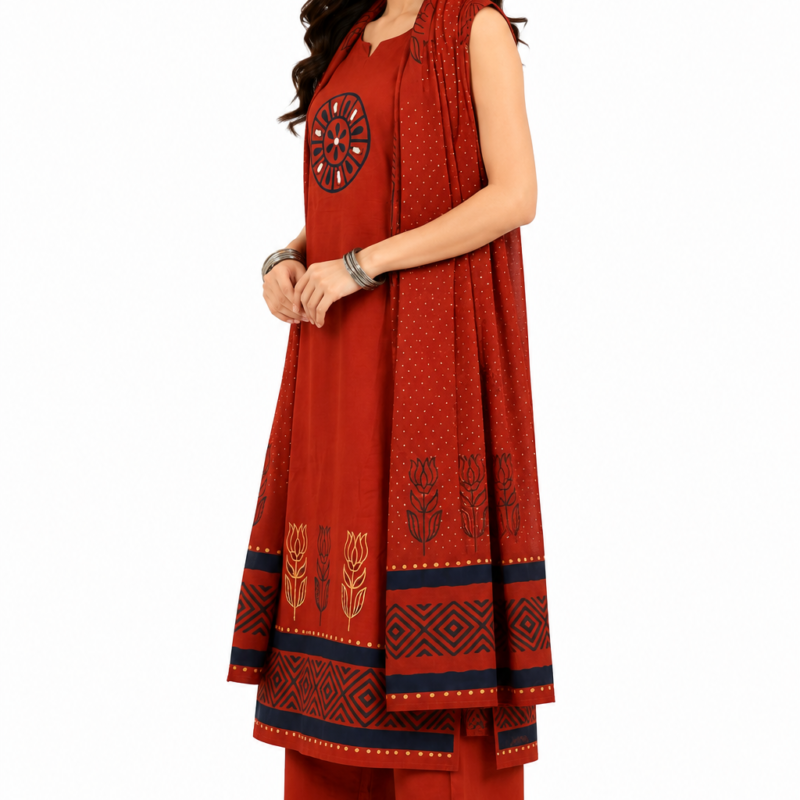 Rust Sleeveless Kurta Set