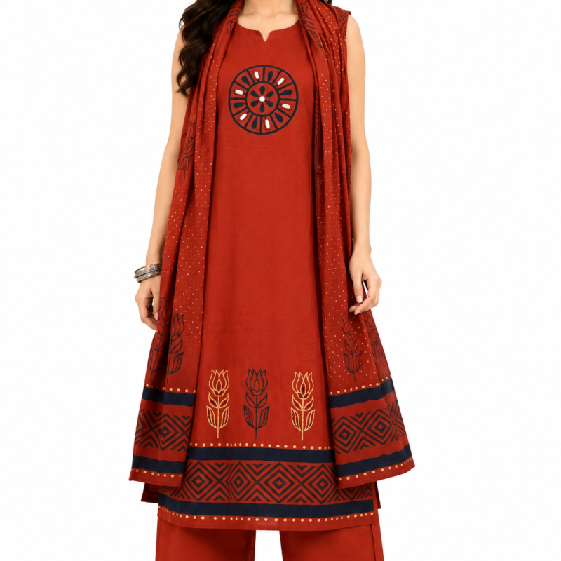 Dhabu Cotton Ambika Hand Block Red Sleeveless 3 Piece Kurta Set with Mirror Work